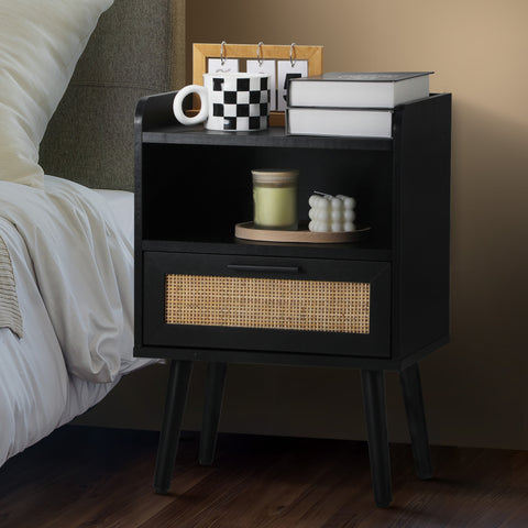 Oikiture Bedside Table Drawer Side End Table Rattan