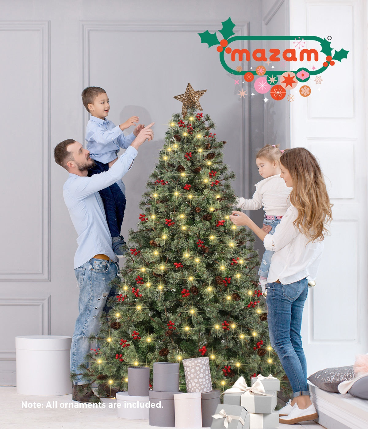 *FREE NATIONWIDE SHIPPING*Mazam LED Christmas Tree 6FT/7FT Decorations with Ornaments Red holly berries and natural dried pine cones