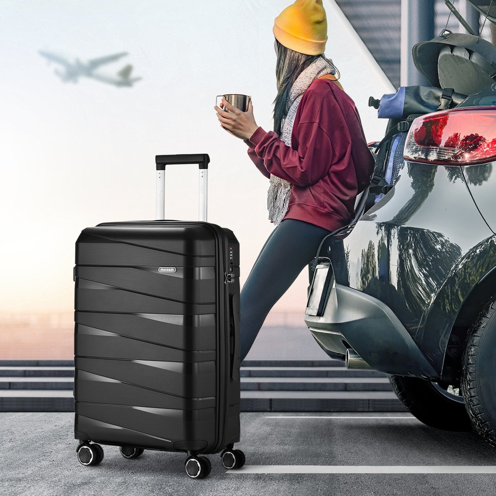 Mazam 3PCS Luggage Set Travel TSA Lock PP Case Black