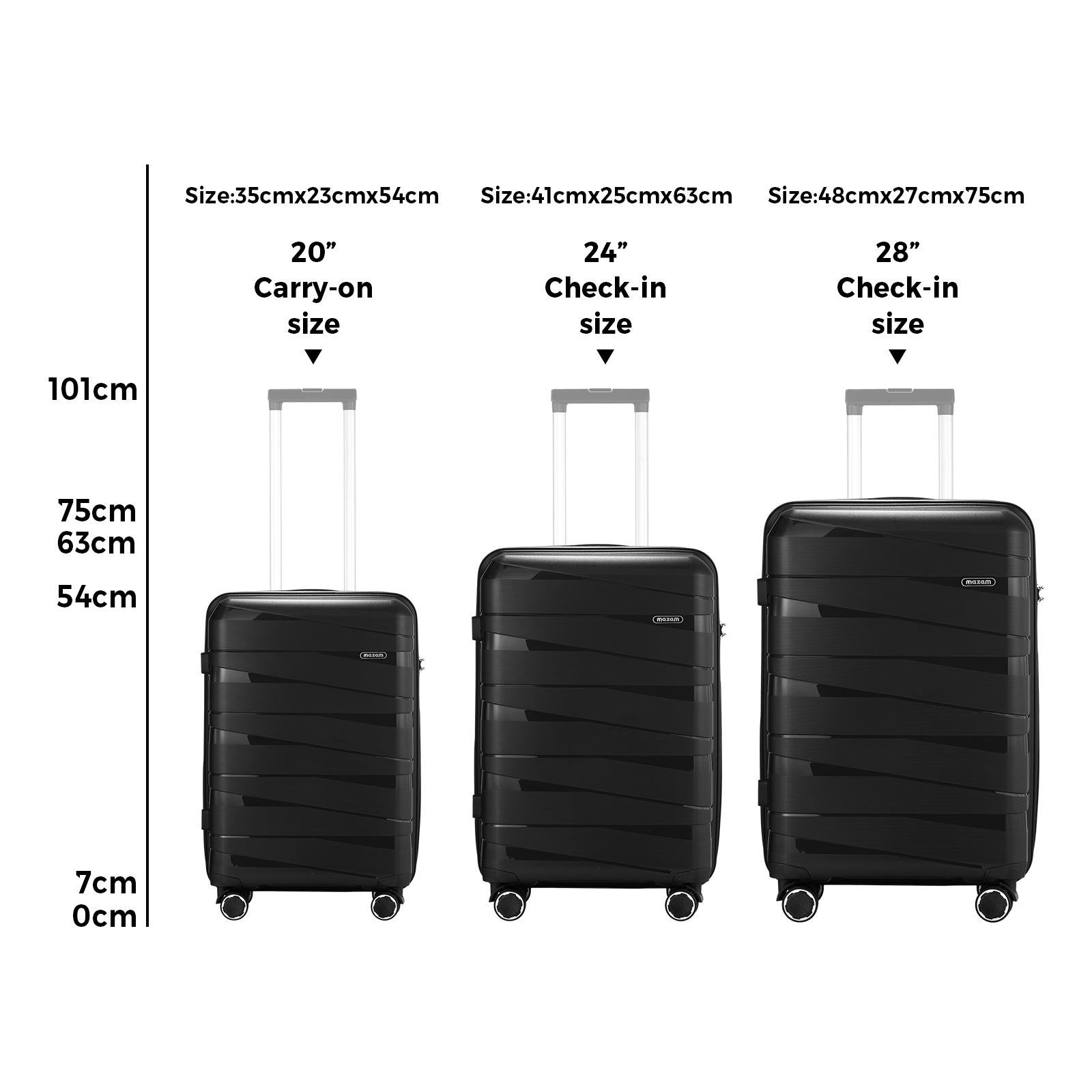 Mazam 3PCS Luggage Set Travel TSA Lock PP Case Black