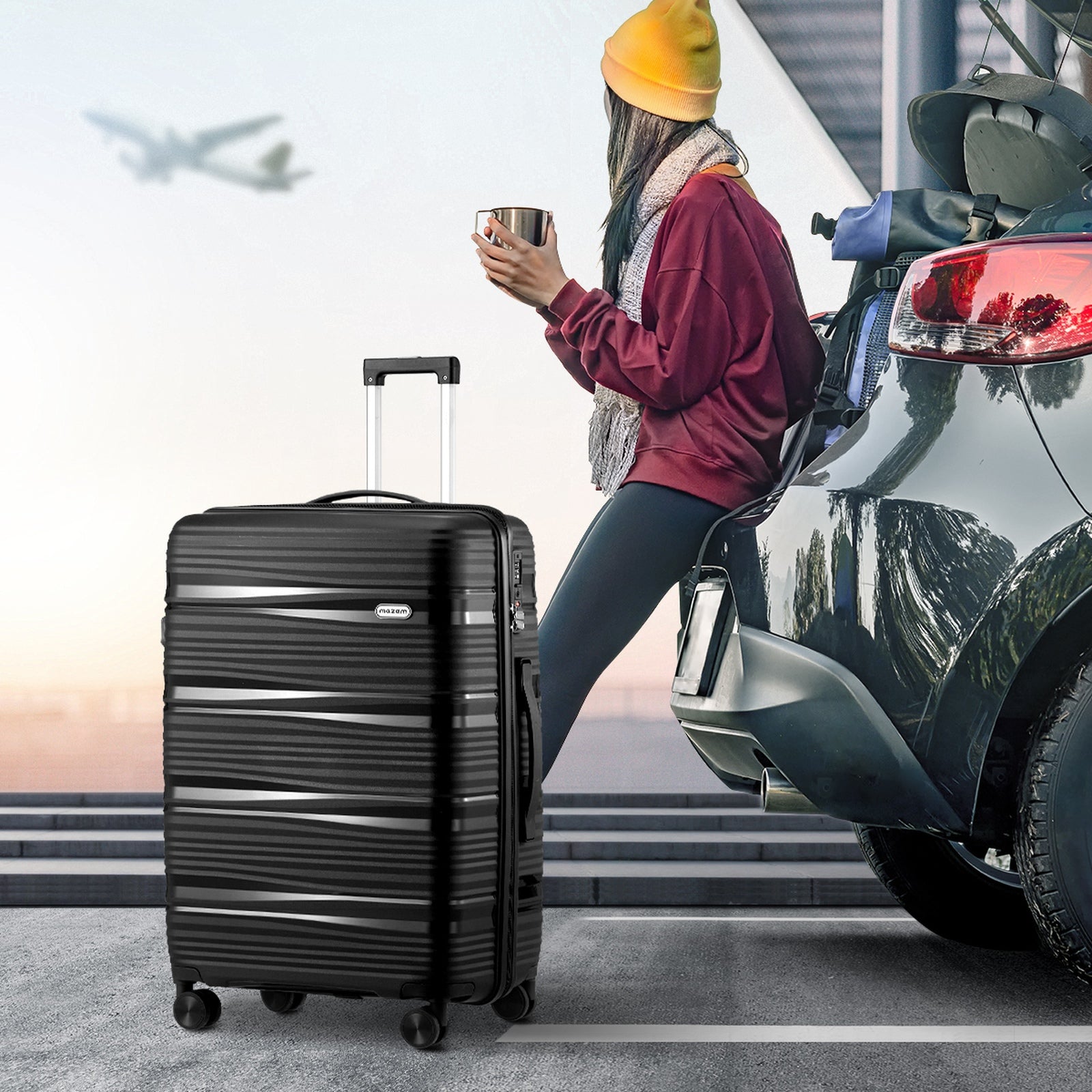 Mazam 3PCS Luggage Suitcase Set PP Case TSA Lock Black