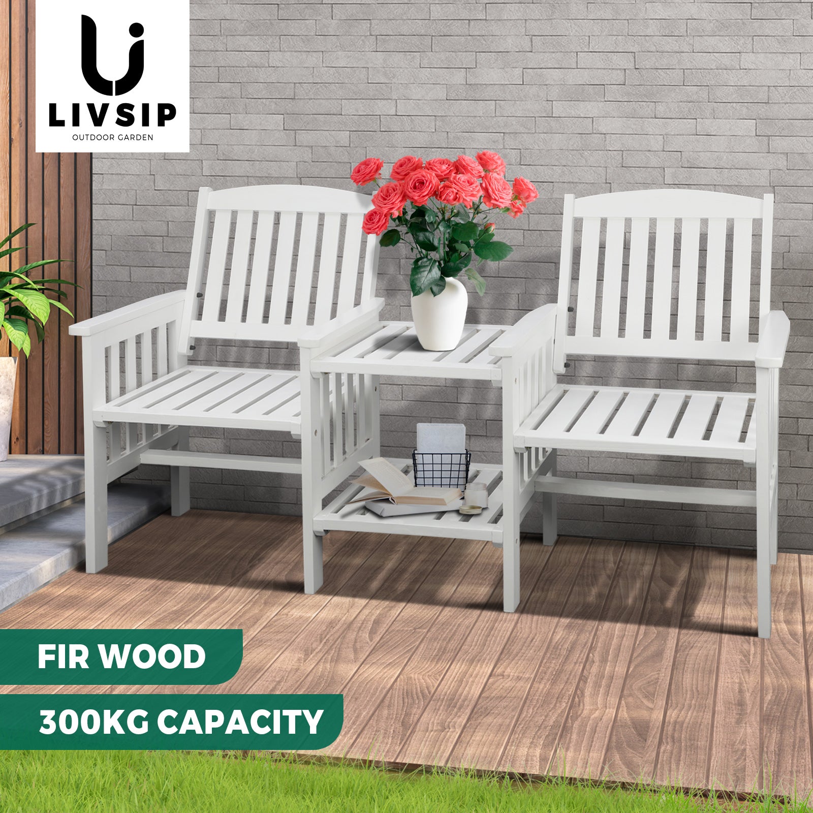 Livsip Wooden Garden Bench 2 Seat Chair&Table White