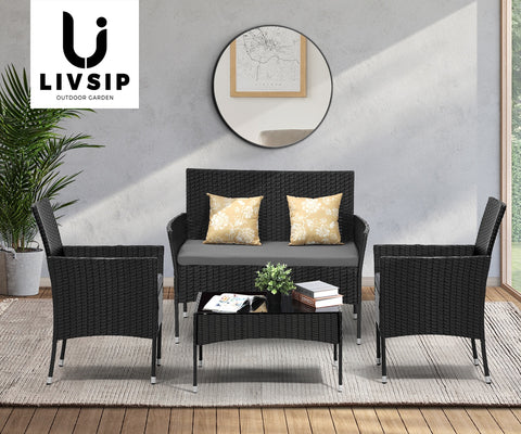 Livsip Outdoor Furniture 4PCS Set Chairs Table Wicker Black