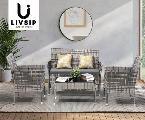 Livsip Outdoor Furniture 4PCS Set Chairs Table Wicker Grey