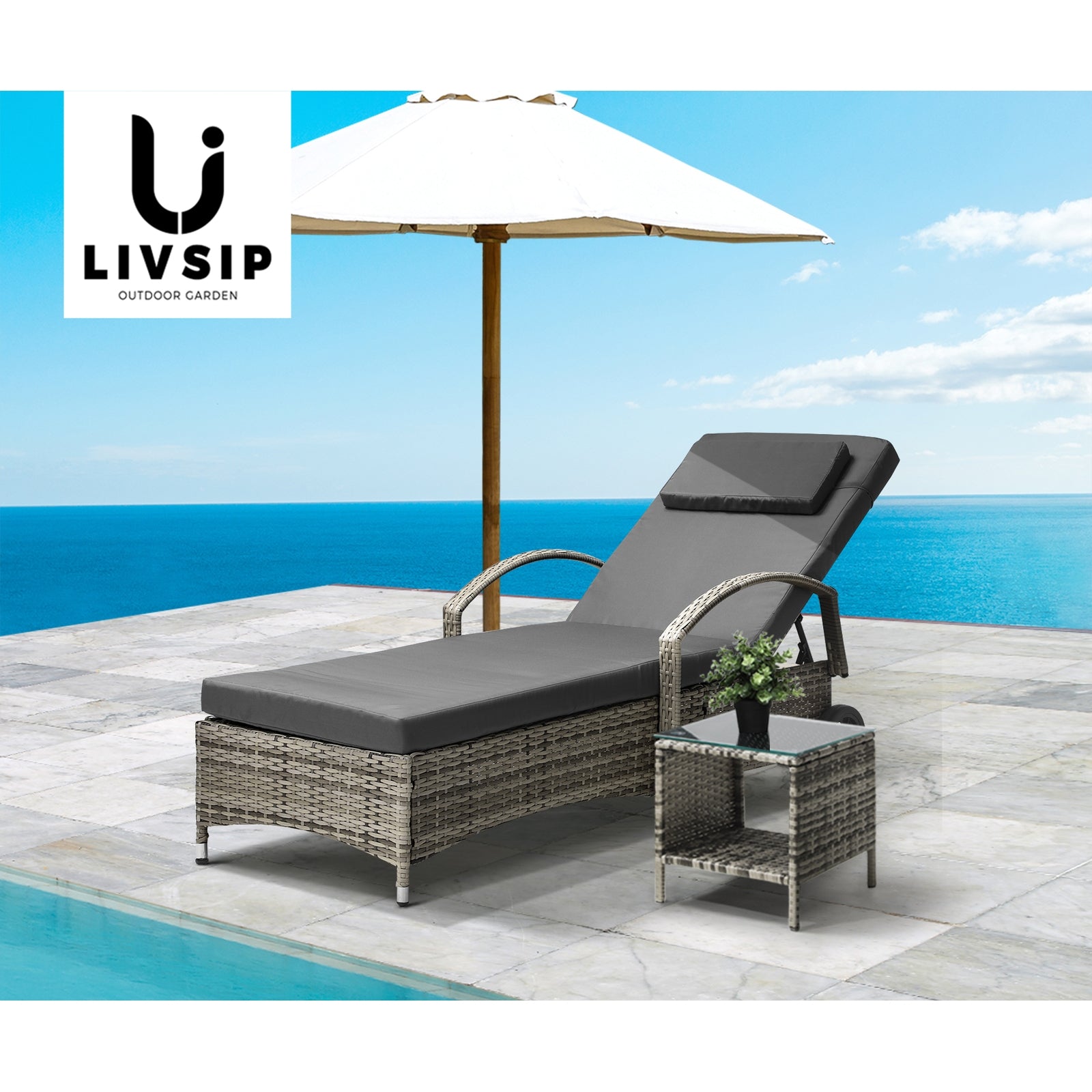 Livsip Wheeled Sun Lounger with Table Patio Set Grey