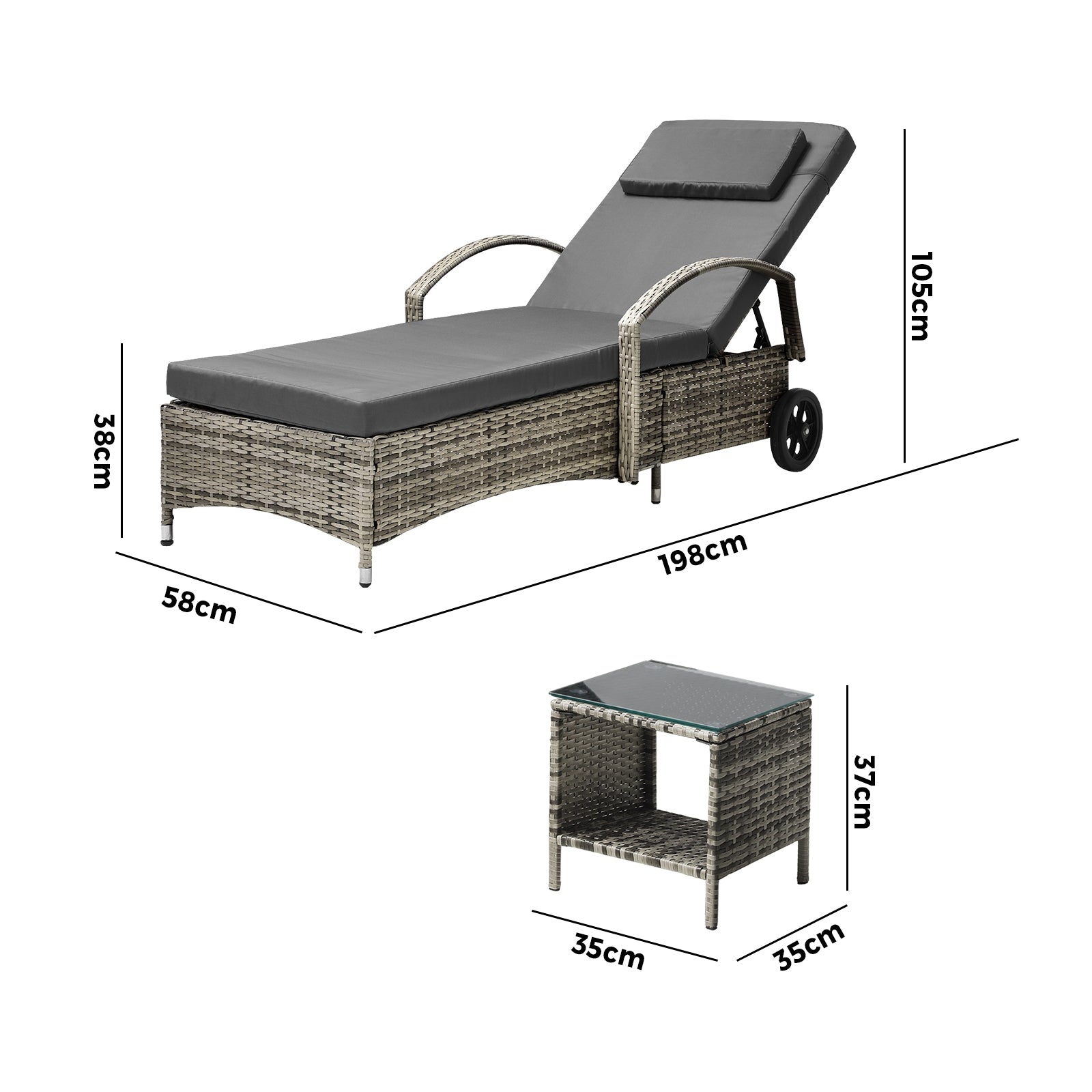 Livsip Wheeled Sun Lounger with Table Patio Set Grey