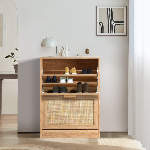 Oikiture Shoe Cabinet 2 Compartment with Rows Rattan Doors